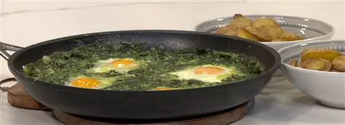 Шакшука из шпината с жареным картофелем