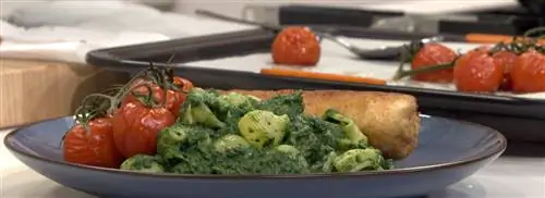 Паста с соусом из шпината и горгонзолы и куриным шницелем