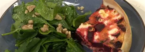 Свекольный пирог с козьим сыром и салатом из шпината