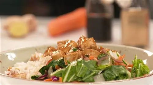 Липкий тофу с коричневым рисом и жареным пак-чой