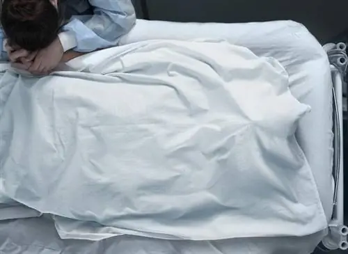 крупный план больничной койки, над которой склоняется женщина