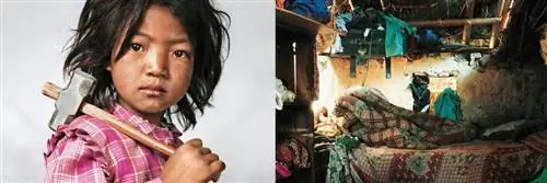 Ребенок держит молоток рядом со своей спальней с рушащимися стенами.