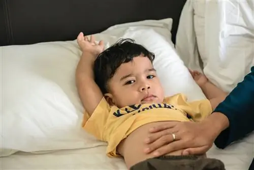 Рука родителя на животе малыша с болью в животе.