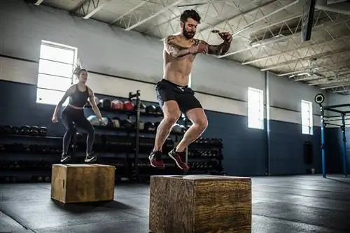 Мужчина и две женщины занимаются прыжками в бокс в спортзале.