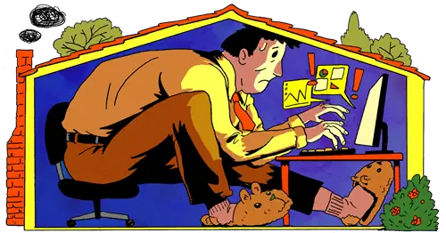 иллюстрация человека, присевшего к своему столу и работающего дома