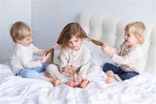 Два брата играют с длинными волосами своей сестры, сидя на кровати.