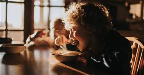 ребенок ест тарелку с едой за столом