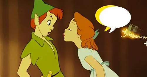 Фотография Питера Пэна и Венди с проиллюстрированной цитатой сбоку.