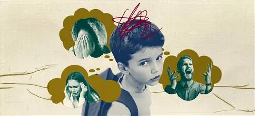 Ребенок с мыслепузырями, изображающими отцовство, и его родители, опирающиеся на своего ребенка ради них…