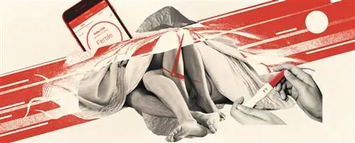 Коллаж из приложения для беременных, теста и пары под простынями.