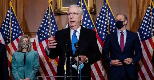 Митч МакКоннелл стоит перед флагами