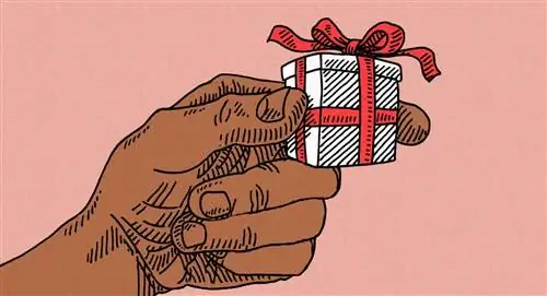 иллюстрируя все приятные мелочи, которые можно сделать для нее в День святого Валентина, мужская рука протягивает жестяную банку…