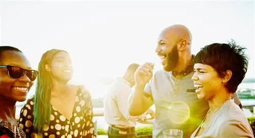 Очаровательные друзья выпивают и смеются на вечеринке