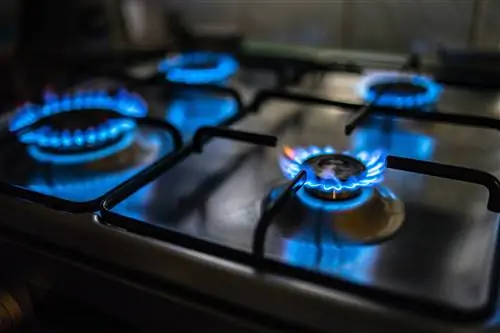 Газовая плита с включенными всеми четырьмя конфорками.