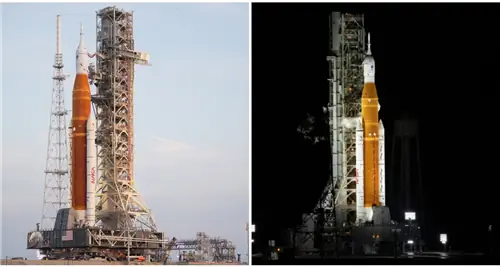 Ракета NASA Space Launch System (SLS) с космическим кораблем Orion на борту видна на мобильной ла…