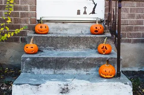 Связка резных тыкв на крыльце.