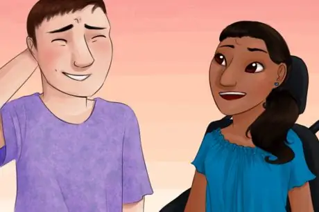 Покрасневший мужчина и женщина в инвалидной коляске