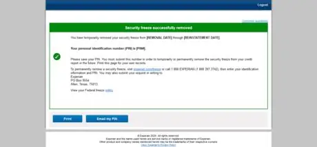 Experian Security Freeze Removed