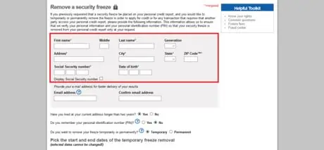 Удалите Secuirty Freeze в Experian Enter Info