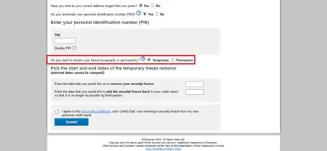 Удалите замораживание безопасности в Experian Selectporary