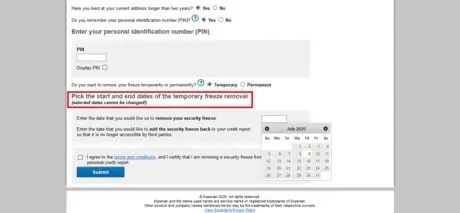 Удалите замораживание безопасности в Experian Enter Date