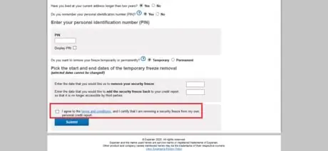 Удалите замораживание безопасности в Experian. Согласитесь с TOC
