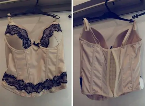 Остаток от H&M. Бежевая модель достаточно жесткая и шнурованная, цена неизвестна. Здесь мы тоже можем выбирать из нескольких линеек клипов. По словам нашего испытуемого, с ним нужно немного пошалить, но он бы порекомендовал его, хотя и считает проблематичным то, что если мы выберем одинаковые клипы, результат может быть узким вверху и широким внизу