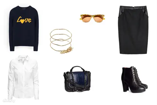 Юбка - 9995 форинтов (Zara), свитер - 9795 форинтов (Zara), рубашка - 3990 форинтов (H&M), солнцезащитные очки - 3995 форинтов (Pull & Bear), браслет - 39,04 евро (Asos), сумка - 19990 форинтов (H&M), обувь - 19 990 форинтов (H&M)
