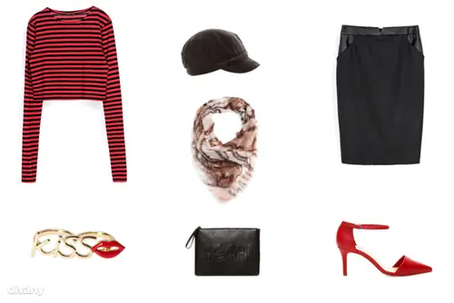 Юбка - 9995 HUF (Zara), топ - 3995 HUF (Zara), кольцо - 1795 HUF (Stradivarius), шапка - 3995 HUF (Pull & Bear), шарф - 5595 HUF (Mango), сумка - 4595 HUF (Pull & Bear), обувь - 9995 форинтов (Pull & Bear)