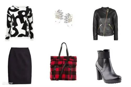 Свитер - 4 830 форинтов (F&F), юбка - 5 990 форинтов (H&M), кожаная куртка - 29 995 форинтов (Mango), ботильоны - 18 900 форинтов (CCC), сумка - 4 995 форинтов (Pull & Bear), серьги - 13,48 евро (Asos).)