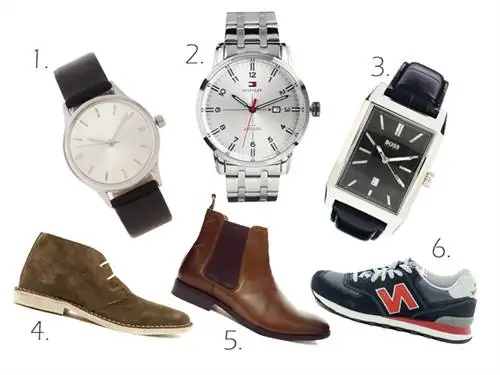 1 час - ASOS, 30 евро; 2. Часы - Tommy Hilfiger, 168 евро; 3. Часы - HUGO BOSS, 170 евро; 4. Обувь - ASOS, 53 евро; 5. Ботильоны - ASOS, 60 евро; 6. Обувь - New Balance, 80 евро