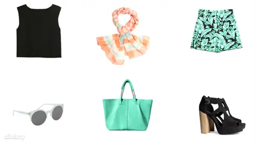 Топ - 6995 HUF (Mango), шорты - 9995 HUF (Zara), шарф - 1990 HUF (F&F), солнцезащитные очки - 2995 HUF (Parfois), сумка - 25995 HUF (Zara), туфли - 8990 HUF (H&M)