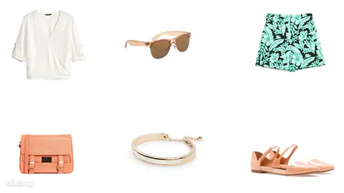Блузка - 6990 форинтов (H&M), шорты - 9995 форинтов (Zara), солнцезащитные очки - 3995 форинтов (Parfois), браслет - 3595 форинтов (Mango), сумка - 35,82 евро (Warehouse/Asos), туфли - 6995 форинтов (Stradivarius)