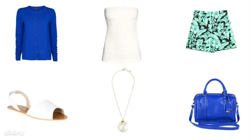 Кардиган - 5 995 форинтов (Mango), футболка - 1 290 форинтов (H&M), шорты - 9 995 форинтов (Zara), сандалии - 2 990 форинтов (F&F), ожерелье - 1 790 форинтов (H&M), сумка - 4 590 форинтов (F&F)