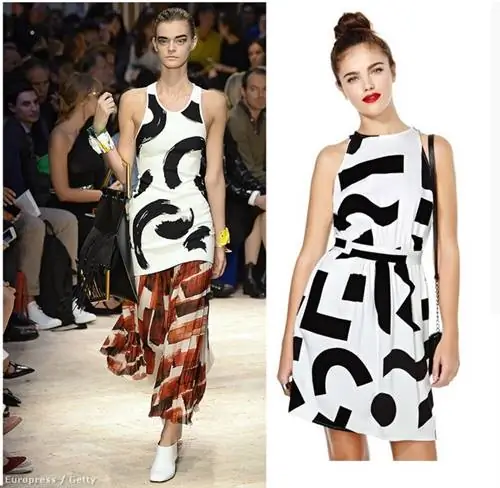 Если кликнуть на картинку, то можно увидеть еще больше одежды! Слева направо: оригинальная коллекция Céline на подиуме, кран Nasty Gal стоимостью 46 000 форинтов, юбка H&M, которая в феврале была доступна примерно за 15 000 форинтов, маленькая сумка Parfois за 6 495 форинтов, топ Zara и платье Nasty Gal от спина