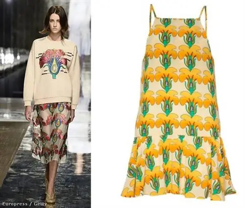 Слева направо: платье Кристофа Кейна на подиуме, платье Pixie Market за 65 долларов с похожими цветочными принтами, за которым следует еще один комплект Кейна