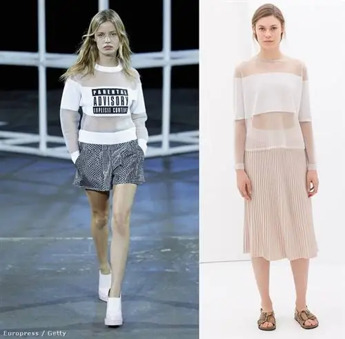 Нажмите на картинку, чтобы увидеть другие платья! Слева направо: оригинальная худи Wang, версия Zara за 9 995 форинтов, украшенная полупрозрачными вставками, худи Asos. Среди небольших изображений вы можете увидеть футболку Asos за 39 евро вверху слева, свитер Pull and Bear за 7 995 форинтов справа и свитер Pull and Bear за 4 995 форинтов внизу