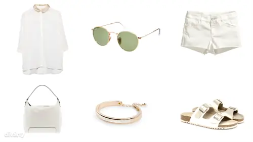 Рубашка - 6995 форинтов (Stradivarius), шорты - 2990 форинтов (H&M), браслет - 3595 форинтов (Mango), солнцезащитные очки - 170,56 евро (Ray-ban/Asos), сумка - 8495 форинтов (Parfois), тапочки - 7995 форинтов (Oysho).)