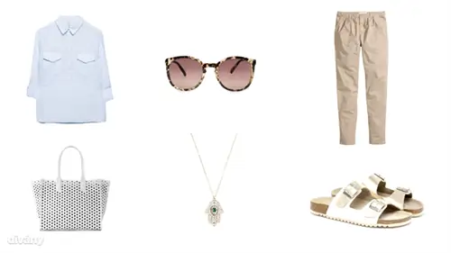 Рубашка - 6995 HUF (Stradivarius), брюки - 6990 HUF (H&M), солнцезащитные очки - 6995 HUF (Mango), колье - 1795 HUF (Bershka), сумка - 13995 HUF (Zara), тапочки - 7995 HUF (Oysho)