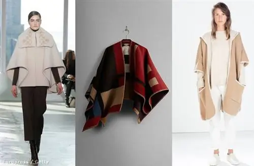 Если кликнуть по картинке, то можно увидеть еще два варианта. Слева направо: подиум Delpozo, пальто Burberry, 1 395 долларов, накидка Zara, 22 995 форинтов, накидка H&M, 8 990 форинтов, накидка Valentino на подиуме