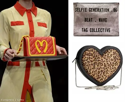 Нажмите, чтобы увидеть больше забавных сумок! Слева направо: подиум Moschino, клатч Zara, 6 995 форинтов, сумка H&M, 15 евро, подиум Kenzo, сумка Bershka, 6 595 форинтов