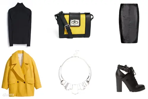 Водолазка - 7995 HUF (Zara), юбка - 23995 HUF (Mango), куртка - 29990 HUF (H&M), ожерелье - 2595 HUF (Bershka), сумка - 38 HUF (Asos), ботильоны - 9995 HUF (Stardivarius)