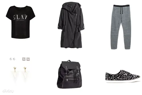 Брюки - 5995 HUF (Zara), футболка - 5995 HUF (Mango), куртка - 8990 HUF (H&M), обувь - 8995 HUF (Bershka), серьги - 1995 HUF (Stradivarius), рюкзак - 8990 HUF (H&M)