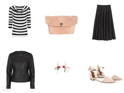 Топ - 4 595 форинтов (Mango), юбка - 9 990 форинтов (H&M), кожаная куртка - 10 990 форинтов (F&F), серьги - 1 995 форинтов (Stradivarius), сумка - 50 форинтов (Asos), туфли - 9 995 форинтов (Stradivarius)
