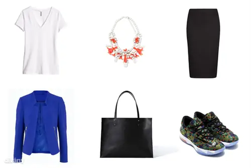 Футболка - 1 290 форинтов (H&M), куртка - 6 900 форинтов (F&F), юбка - 8 995 форинтов (Mango), ожерелье - 7 995 форинтов (Zara), сумка - 8 995 форинтов (Zara), обувь - 130 долларов (Nike)
