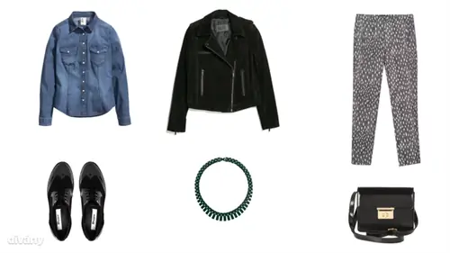 Джинсы - 6990 форинтов (H&M), кожаная куртка - 25995 форинтов (Mango), брюки - 9995 форинтов (Zara), ожерелье - 12,50 форинтов (Topshop), сумка - 3990 форинтов (F&F), обувь - 98,57 евро (Dune / Asos)