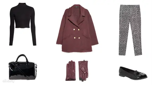 Водолазка - 5 990 форинтов (H&M), куртка - 27 995 форинтов (Mango), брюки - 9 995 форинтов (Zara), перчатки - 22,86 евро (Asos), сумка - 5 995 форинтов (Stardivarius), обувь - 5 290 форинтов (F&F)