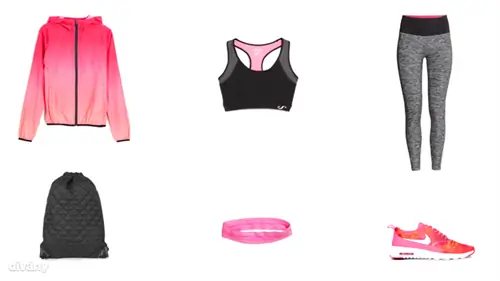 Леггинсы - 6990 HUF (H&M), спортивный бюстгальтер - 6995 HUF (Mango), куртка - 9995 HUF (Oysho), повязка на голову - 790 HUF (H&M), рюкзак - 12 фунтов (Topshop), кроссовки - 131,43 евро (Nike/Asos)
