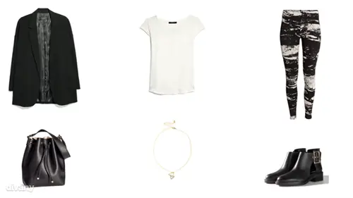 Леггинсы - 3990 форинтов (H&M), футболка - 4995 форинтов (Mango), куртка - 8995 форинтов (Mango), колье - 8,57 евро (Asos), сумка - 6990 форинтов (Zara), туфли - 12995 форинтов (Stradivarius)