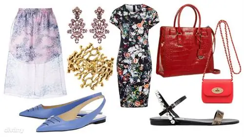 Роскошные детали: юбка Carven, 300 фунтов стерлингов, серьги Oscar de la Renta, 317 фунтов стерлингов и браслет, 300 фунтов стерлингов, синие туфли Jimmy Choo, 325 фунтов стерлингов. Платье Alexander McQueen, 325 фунтов стерлингов, красная сумка из крокодиловой кожи Michael Kors, 295 фунтов стерлингов, мини-сумка Mulberry, 350 фунтов стерлингов, сандалии Stella McCartney, 300 фунтов стерлингов